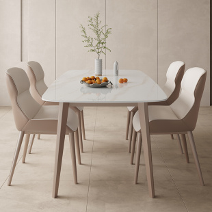 A意式 亮光岩板餐桌椅组合小户型家用长方形吃饭桌大理