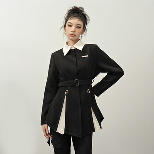 PUNCH 23SS春季 原创假两件黑色收腰西装 设计感格子外套西服女