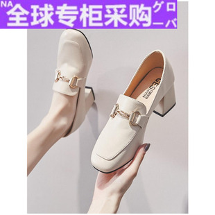 新款 日本新款 粗跟皮鞋 春秋方跟高跟鞋 女2022新款 方头单鞋