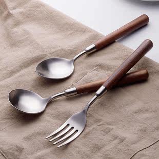 新款 食品级不锈钢木柄勺子尖头汤勺餐叉家用叉子儿童饭勺汤勺