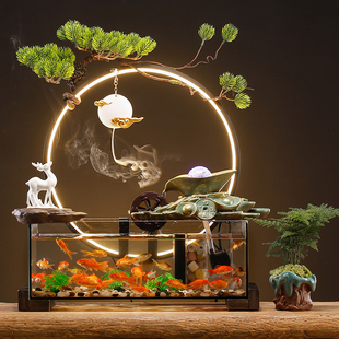 流水喷泉招财玻璃金鱼缸摆件创意客厅办公桌装 饰循环水族箱 新中式