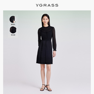 连衣裙VSL2O20340 气质收腰长袖 小黑裙轻礼服女夏季 VGRASS经典 新款