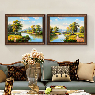 客厅装 饰画美式 挂画两联复古油画沙发背景墙欧式 餐厅山水风景壁画