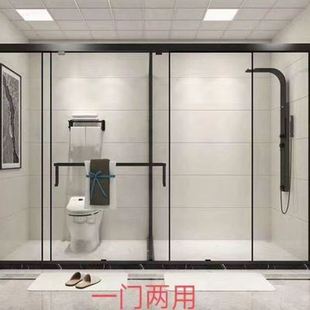 淋浴房T字形不锈钢黑色卫生间隔断玻璃门移门式 钢化浴屏整体定制