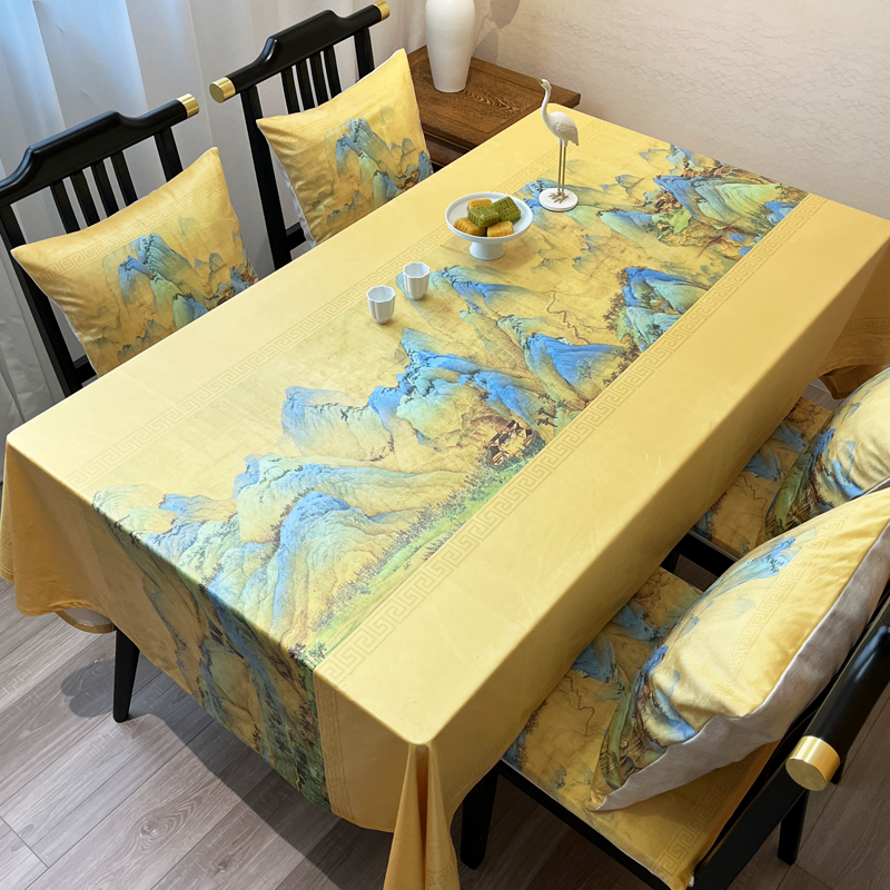千里江山图中国风古典餐桌布椅套罩丝绒防水山水画茶室客厅盖布