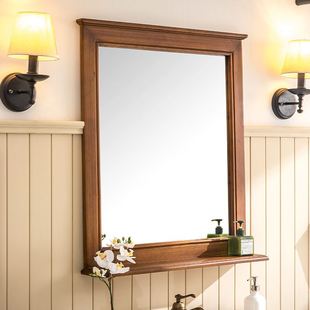 美式 实木浴室镜子卫生间挂镜带置物架洗手间化妆镜壁挂梳妆洗漱镜