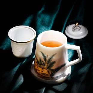 羊脂玉素烧陶瓷水杯大容量办公杯茶水分离泡茶杯定制高端礼品套装