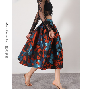 阿力仙娜重磅2米提花 12个立体手工褶 中长款 高腰优雅赫本半身裙