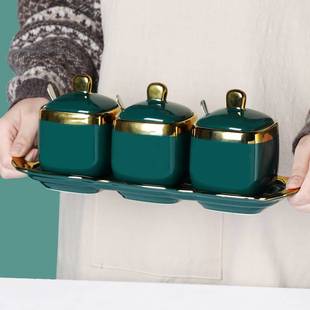 北欧简约轻奢厨房用陶瓷家用调味罐盒金边带盖调味瓶盐味精罐商用