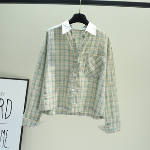 浅绿色单口袋格子短款 长袖 新品 韩版 女秋季 小清新上衣外套 棉布衬衫