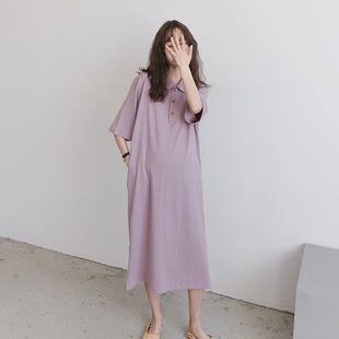 2022夏季 淡紫色孕妇大码 宽松舒适纯棉线长款 POLO领连衣裙女T恤裙