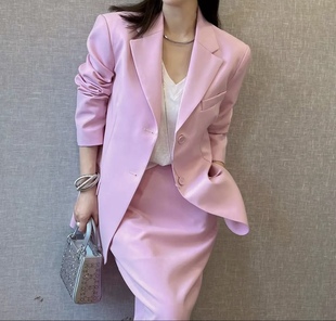 粉色西装 外套新品 显瘦阔版 上衣高腰开叉半身长裙套装 欧货时尚 春季