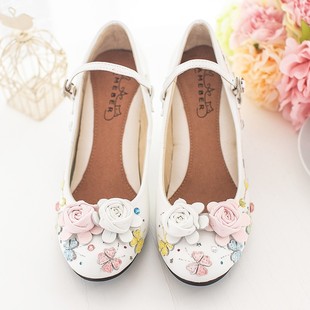 ameber羊皮白色系带玛丽珍单鞋 花朵甜美原创设计女高跟鞋 中跟鞋