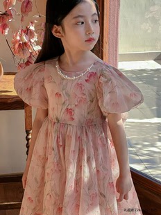 女童2024夏季 新款 韩版 洋气中大童花朵礼服裙公主裙雪纺连衣裙裙子