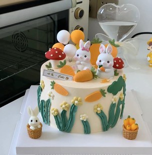 田园风蛋糕装 饰可爱树脂小兔子摆件森系胡萝卜女孩生日蛋糕插件