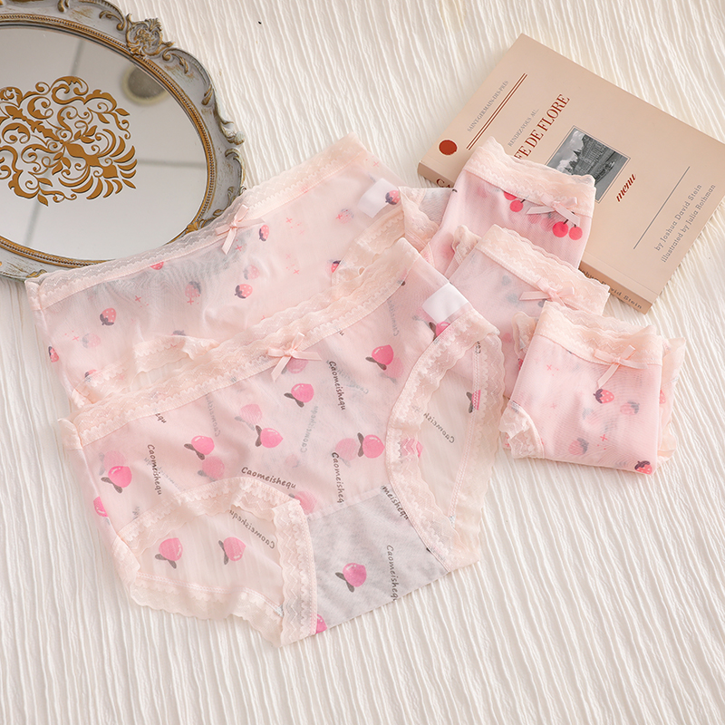 透气轻薄性感中低腰少女三角裤 粉色甜美水果印花纯欲透明网纱内裤