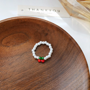 日韩国甜美珍珠戒指可爱樱桃弹力绳指环气质元 气少女感大鹅会飞