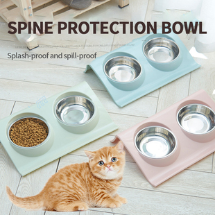 Steel Double Bowl Stainless Oblique Mouth Pet Rice Cat