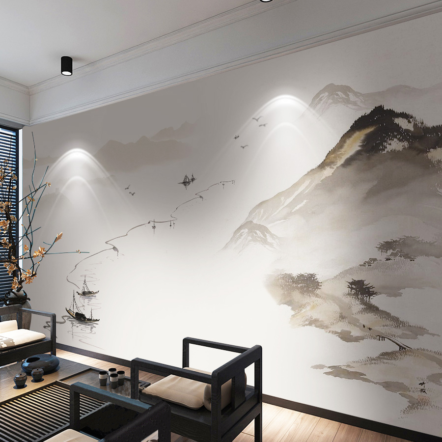 新中式 水墨山水画大型定制客厅壁纸防水墙绘 电视背景墙壁画整张