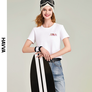 HAVVA2024夏季 新款 女装 半袖 t恤女白色字母体恤短款 上衣T9241 短袖