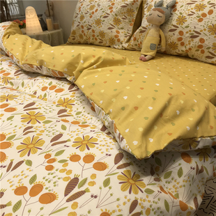 碎花黄色四件套全棉纯棉1.5m1.8米被套床单美式 小清新 ins田园风格