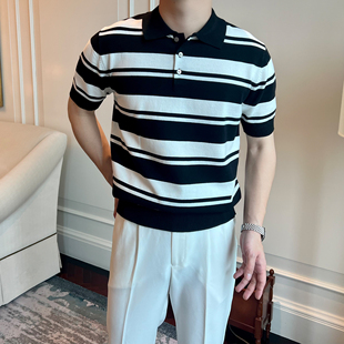 休闲针织POLO衫 男英伦复古修身 夏季 透气短袖 T恤 黑白条纹翻领薄款