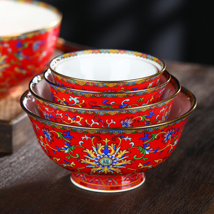 陶瓷碗家用2024新款 米饭碗高脚骨瓷面碗宫廷珐琅寿碗结婚碗大汤碗