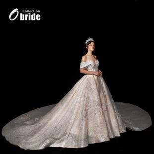 Obride一字肩婚纱新娘法式 高级黎巴嫩风大拖尾重工婚纱主纱超闪