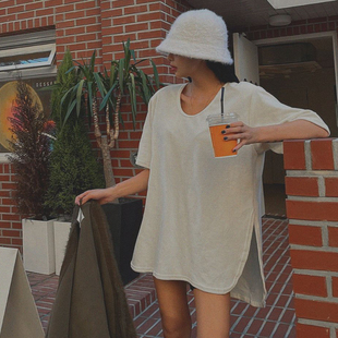 韩国正品 女装 纯色宽松低圆领侧开衩短袖 休闲中长款 款 T恤 Y2023冬季