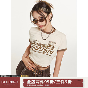 正肩T恤女 欧美辣妹修身 复古设计感绑带短袖 BeerBro美式 女2024夏季