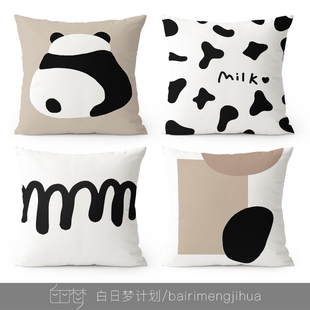 北欧抽象熊猫欧式 现代简约抱枕沙发客厅样板间绒面腰枕套靠枕靠垫