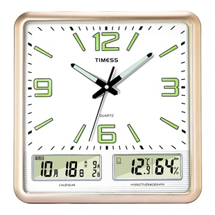TIMESS夜光方形钟表挂钟客厅家用时尚 时钟挂墙现代简约石英万年历