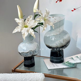 新中式 水墨黑白渐变洒金高级艺术琉璃花瓶复古手工花器插花摆件