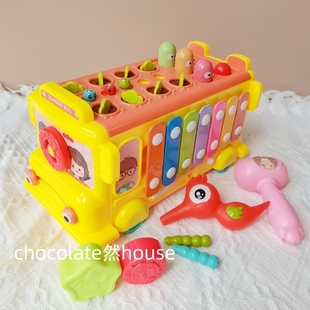 婴幼儿多功能早教立体巴士校车 敲琴打地鼠六合一早教益智玩具