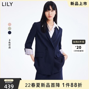 LILY2022夏新款 女装 气质双排扣垫肩设计宽松通勤条纹小西装 外套