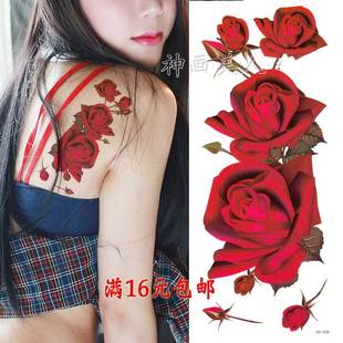 大红玫瑰花纹身贴防水女持久人体彩绘性感逼真花臂刺青纹身贴纸