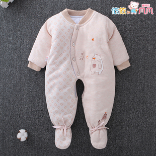 婴儿连体衣6新生儿带脚纯棉加厚0 3个月包脚宝宝秋冬衣服连脚棉衣