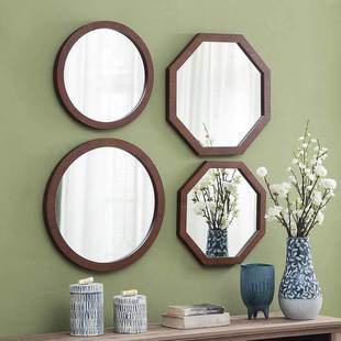 新品 北欧简约木质边框壁挂异形化妆浴室八角镜试衣创意梳妆台镜子