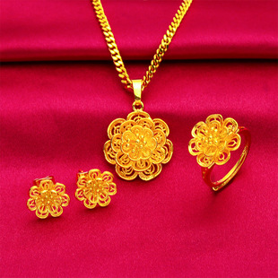 越南沙金女士项链黄金色花朵吊坠欧币项链久不掉色镀金饰品