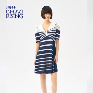 洲升24春夏新款 女士学院海军领条纹针织连衣裙 设计师CHAU.RISING