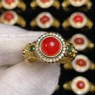 天然南红玛瑙保山冰红戒指女复古镀金开口指环红宝石玉石时尚 礼物