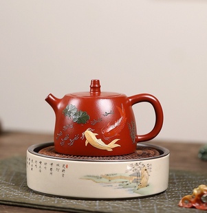 240毫升宜兴紫砂壶纯手工原矿大红袍汉铎壶泥绘双鱼壶中式 茶壶