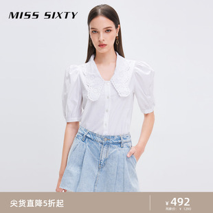 Miss Sixty白色短袖 花边领甜美减龄泡泡袖 优雅气质小衫 女法式 衬衫