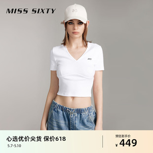 Sixty2024夏季 新款 Miss T恤女V领撞色印花微弹修身 显瘦休闲 短袖