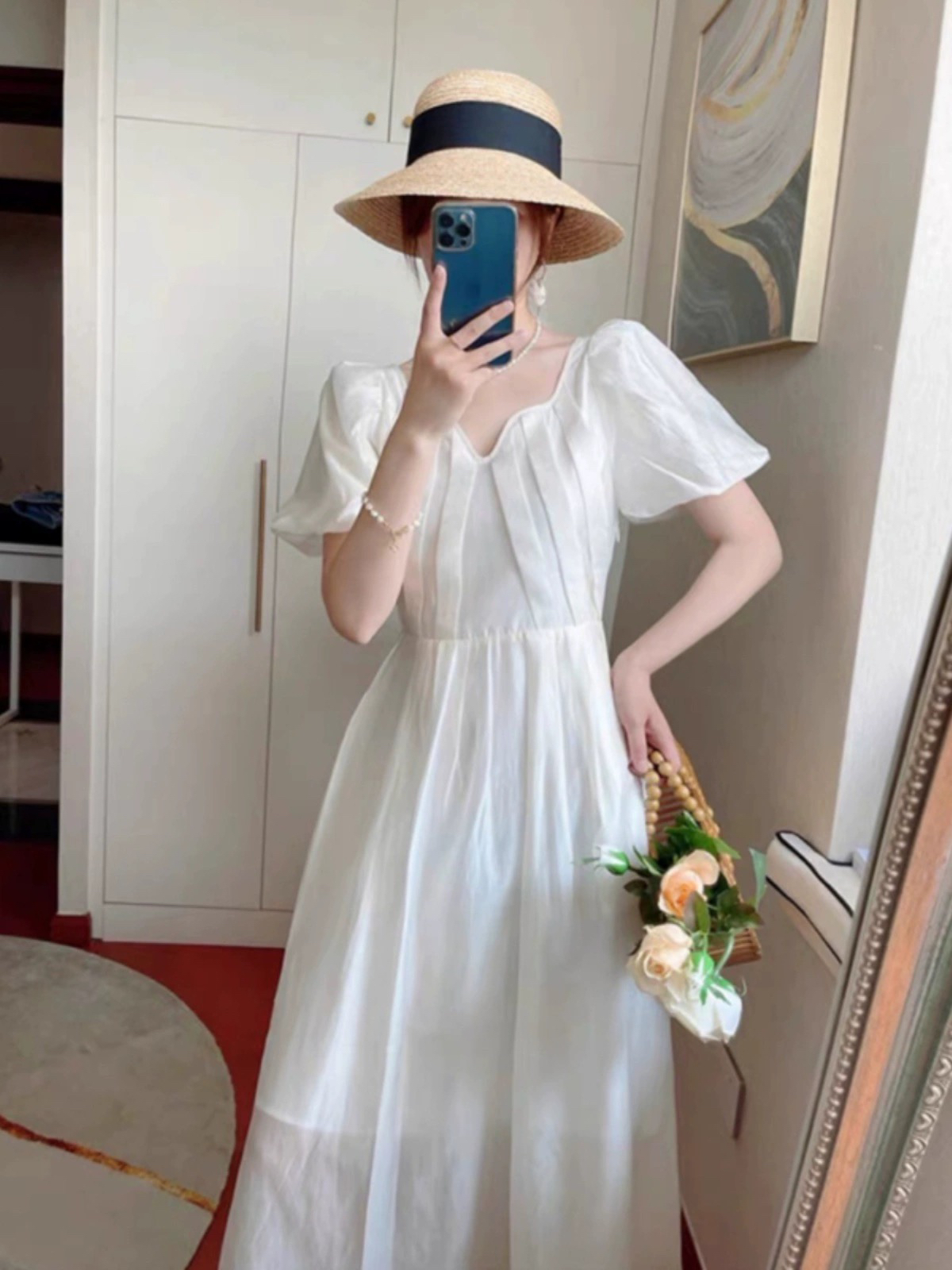 001白色法式 复古方领连衣裙女2024年夏季 新款 小众设计感初恋069