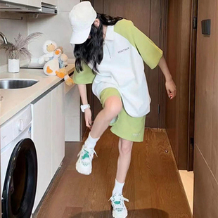 女夏学生韩版 短袖 宽松显瘦polo领运动套装 跑步时尚 休闲两件套 短裤