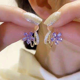 超仙紫色锆石花朵耳环女2024新款 气质高级感银针耳钉精致百搭耳饰