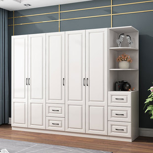 衣柜加顶柜简约现代经济型板式 白色组合边柜木质六五门大衣橱 欧式