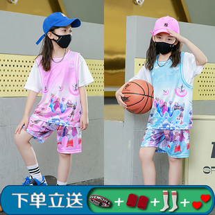迪士尼冰雪奇缘艾莎公主女童假两件短袖 学校表演服 儿童篮球服套装