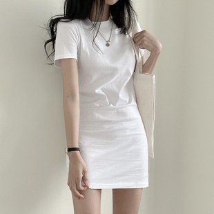百搭打底裙子 显瘦中长款 2024夏新款 白色圆领t恤连衣裙女短袖 修身